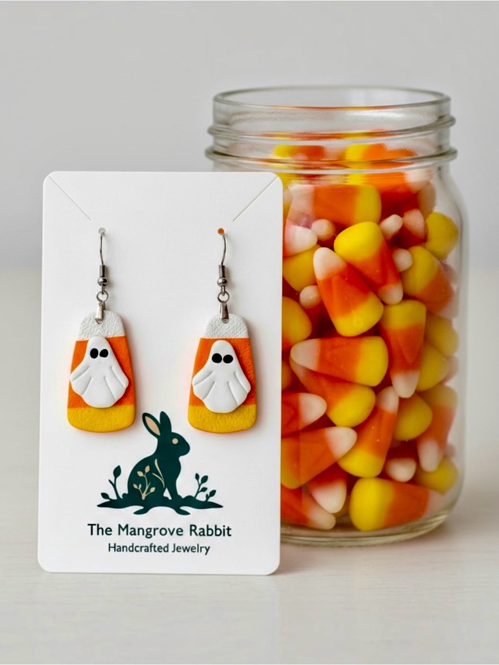 Candy Corn & Ghosts Handmade Polymer Clay Dangle Halloween Earrings SS Wires